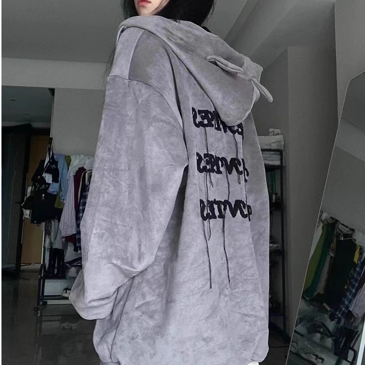 欧美潮流百搭刺绣字母慵懒风开衫卫衣秋冬大码韩版复古连帽外套