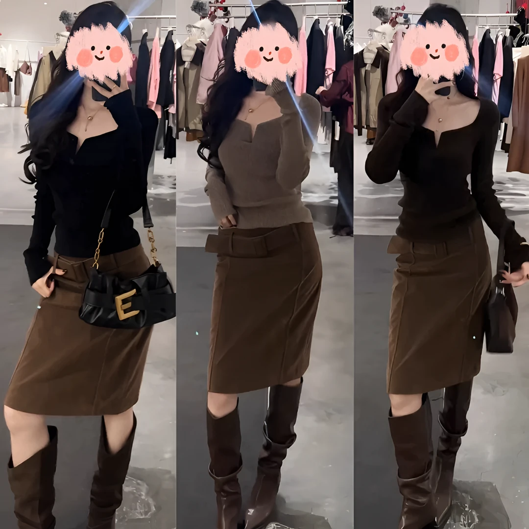 韩系冬装穿搭一整套女洋气高级感修身内搭针织衫上衣半身裙两件套