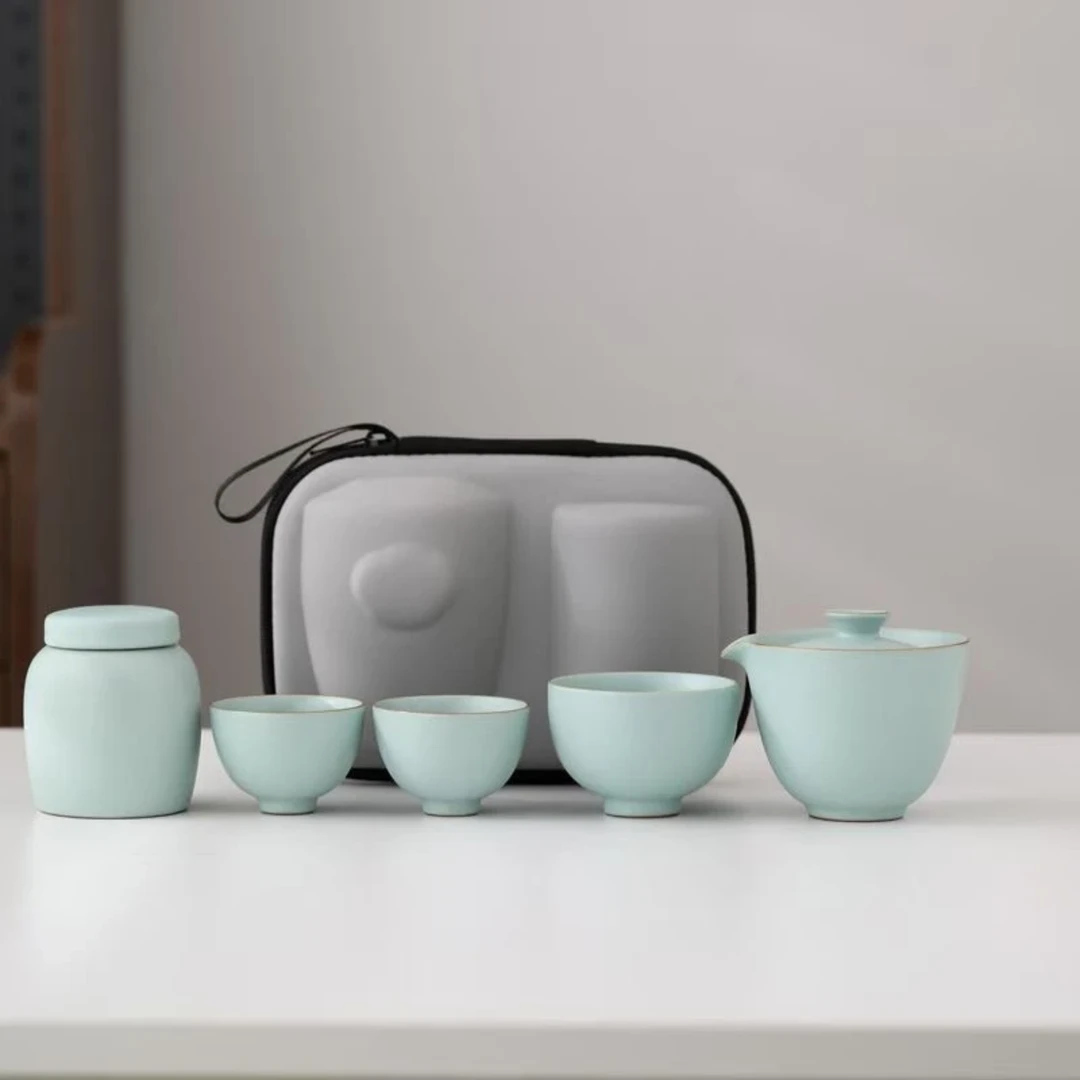 【沉鱼】天青一壶三杯+茶叶罐户外便携式家用旅行茶具