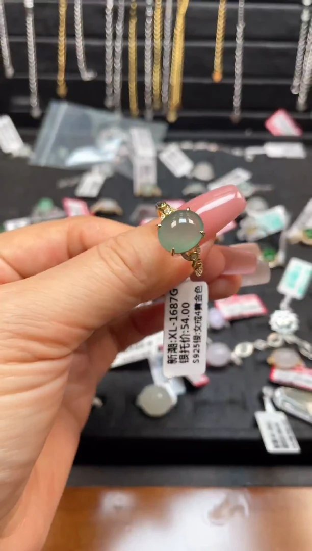 银S925镶嵌戒指翡翠天然翡翠A货1