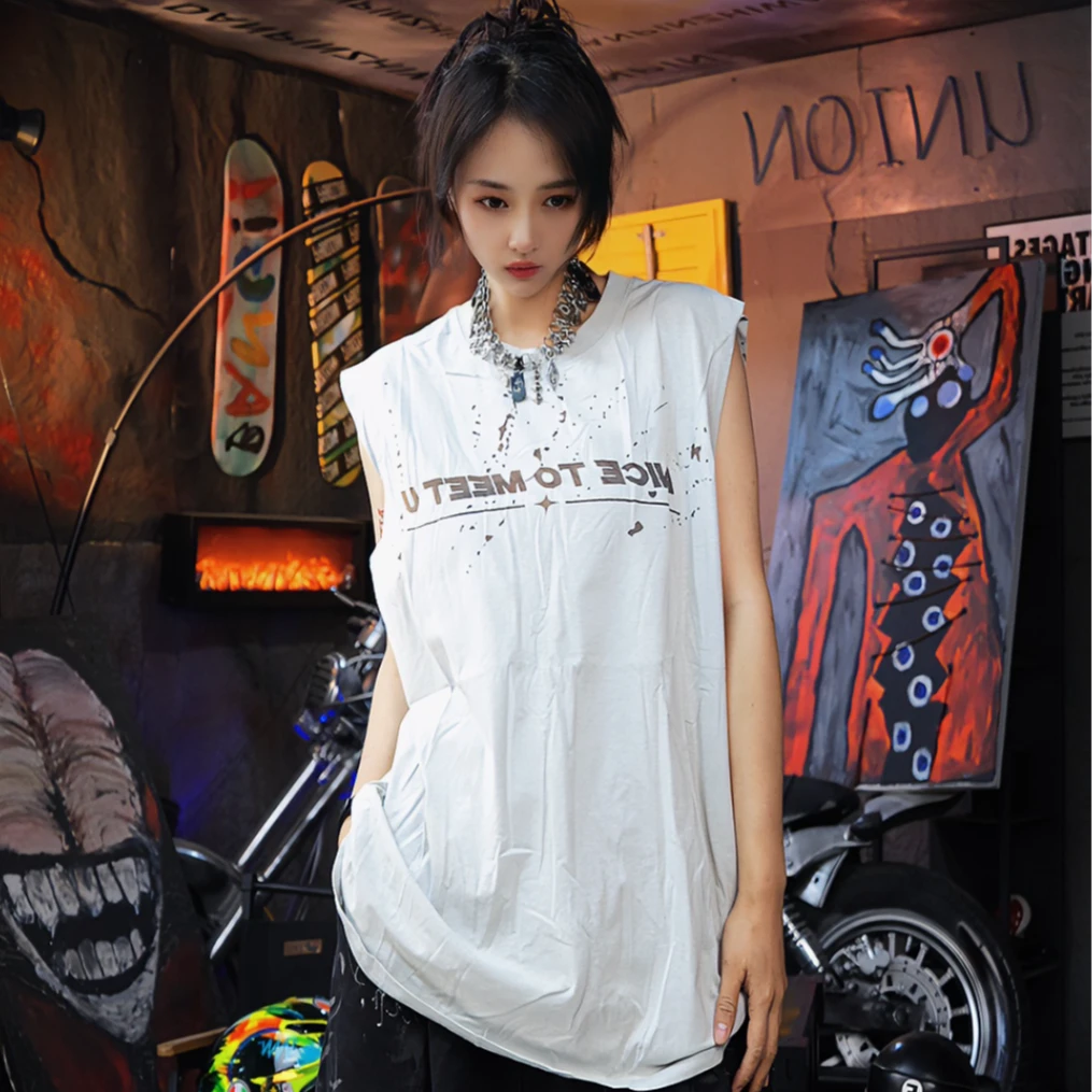 原创2025新款自制破碎设计抓痕字母印花背心男女潮无袖打底T恤夏