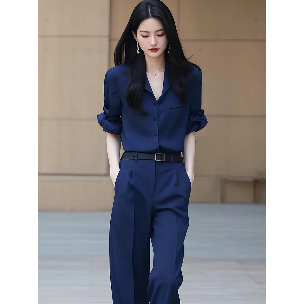 春季穿搭一整套又a又飒盐系轻熟干练气质高级感小香风蓝色套装裤