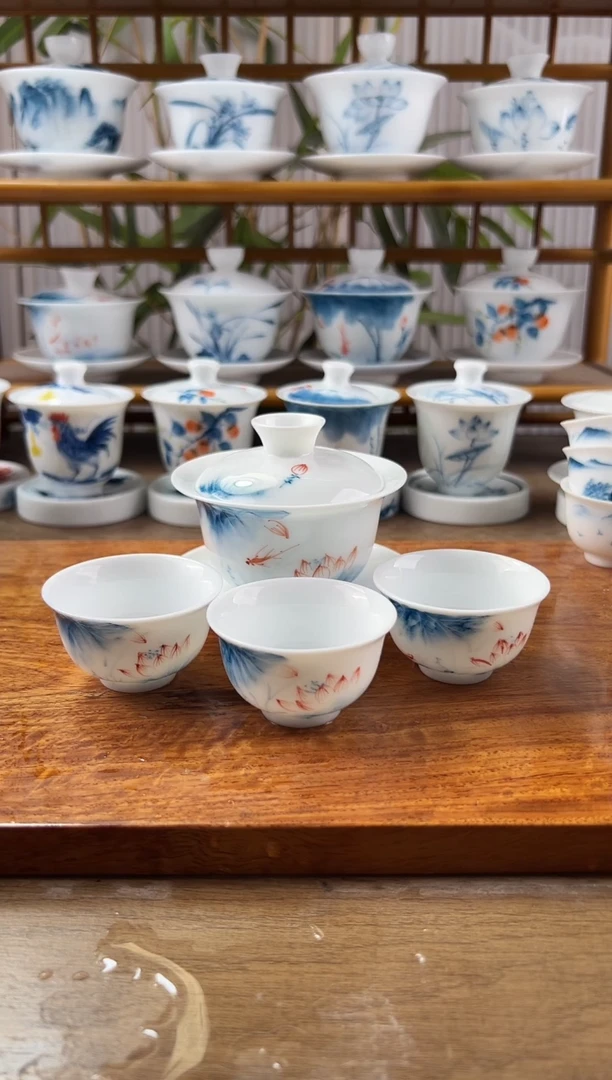 微瑕蓝莲130ml三才盖碗+小和顺杯3个