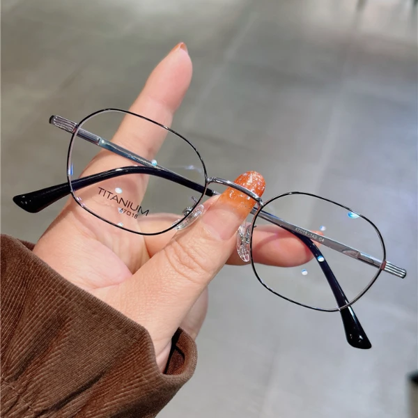 恩培眼镜9067银色纯钛多边小框眼镜女近视超轻可配高度数