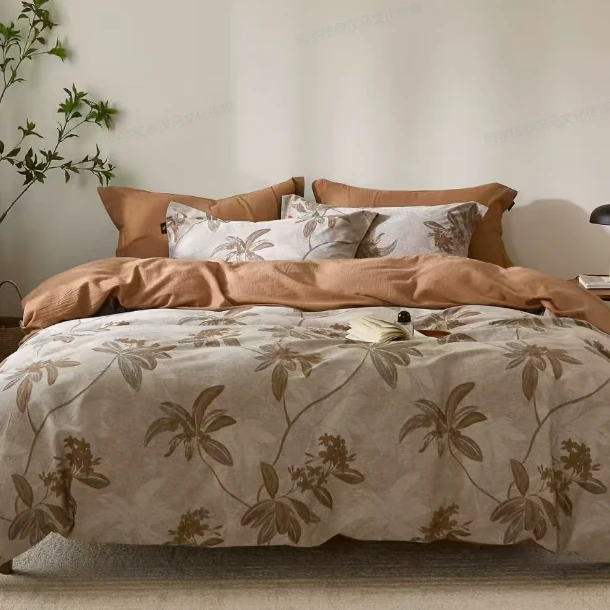 全棉双层纱色织大提花四件套亲肤透气四季款--百合浅语