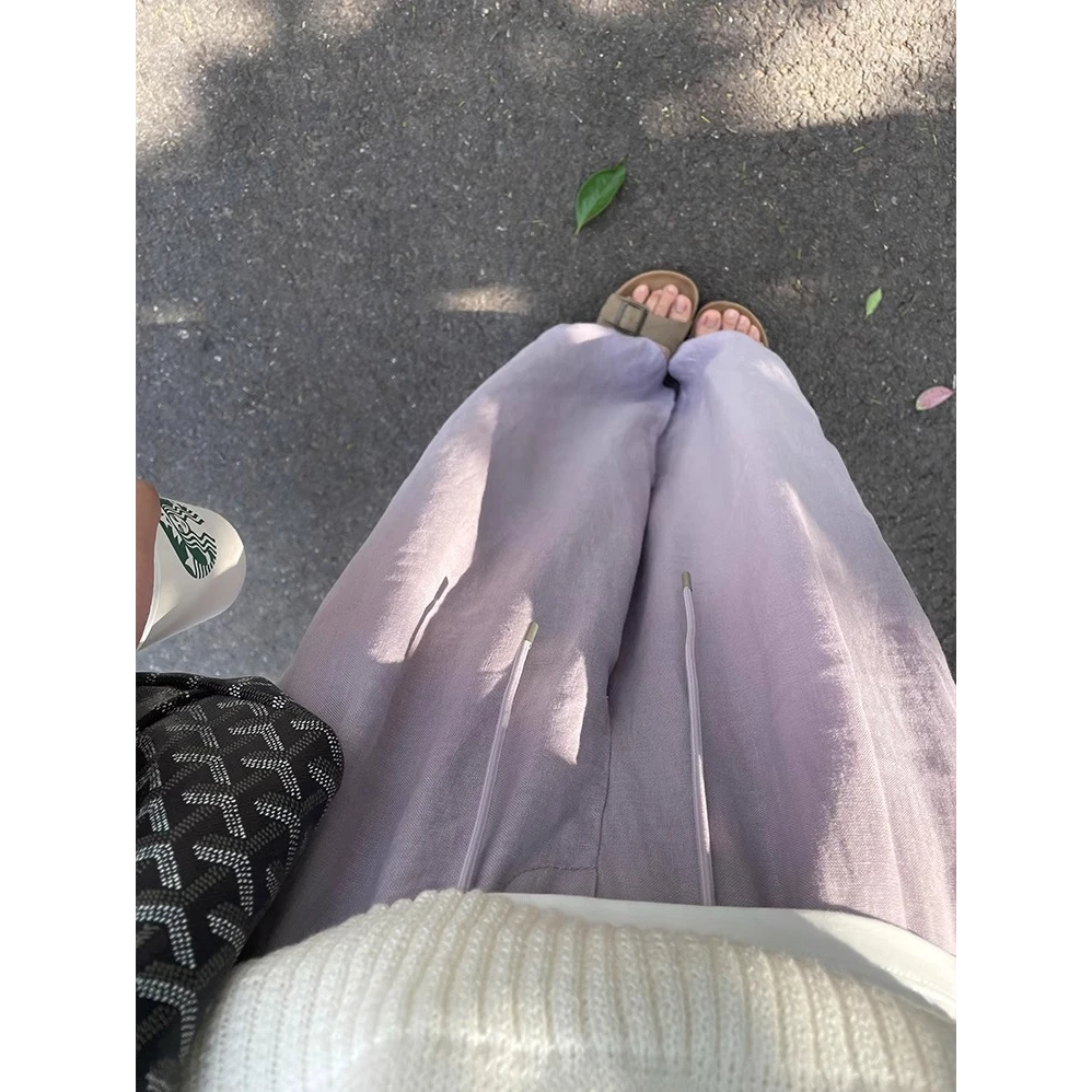 夏日超绝紫色亚麻裤女2025夏季新款高腰系带阔腿休闲长裤