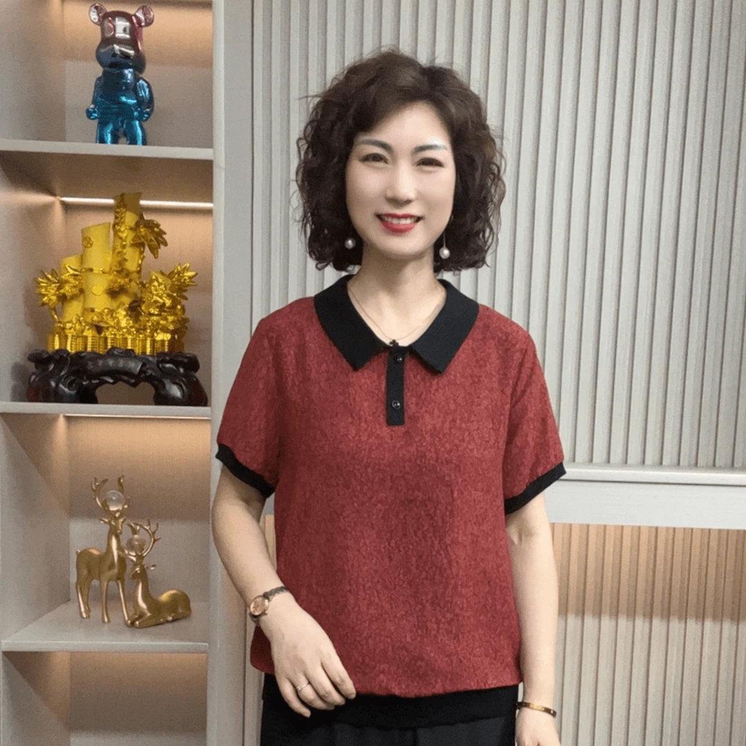 时尚V领翻领轻薄透气凉爽气质减龄中老年妈妈装夏季显瘦休闲2581