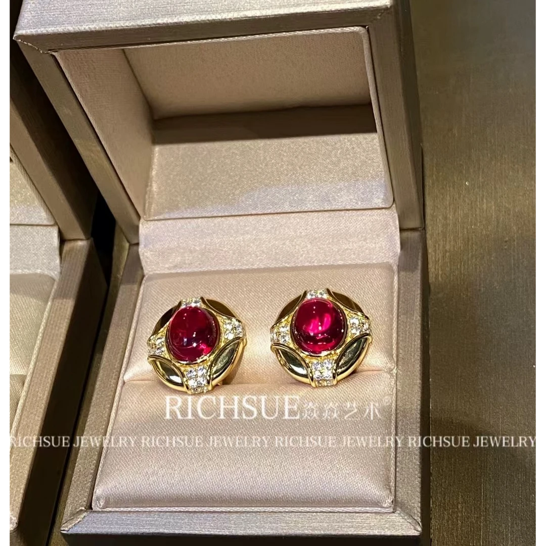 RICHSUE 非金属合成锆石耳饰 宫廷复古素面红色耳环 s925银  贵气
