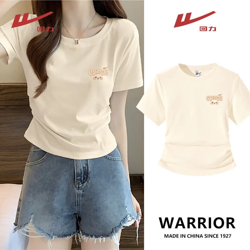 Warrior/回力辣妹风圆领抽褶正肩短款T恤设计感修身显瘦韩版夏装