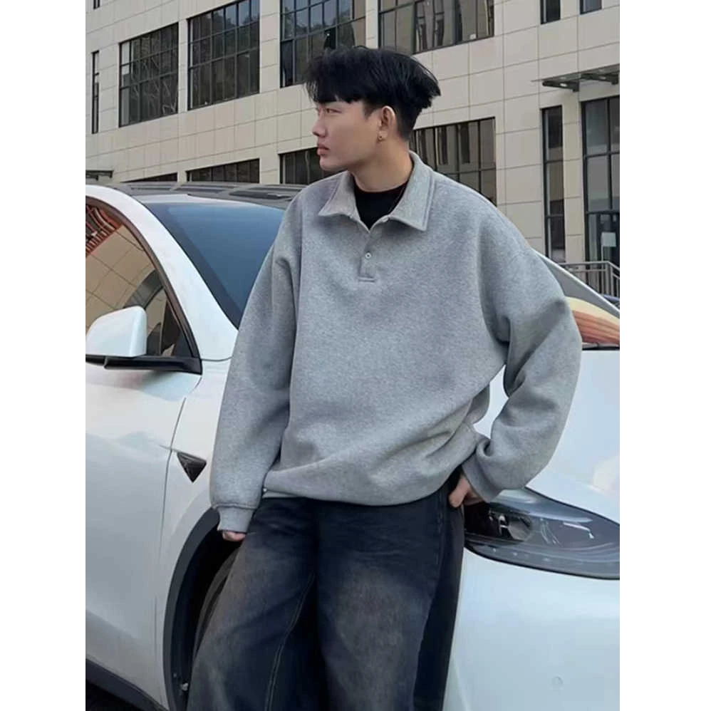 cleanfit浅灰色翻领卫衣男款秋冬高级感长袖polo衫重磅内搭打底衫