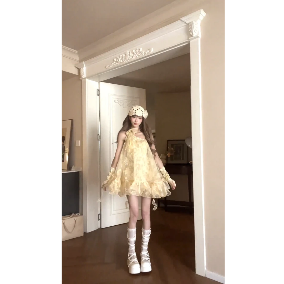 【迷迭日落】夏季新款纯欲辣妹别致设计蕾丝飘带罩衫叠穿豹纹连衣裙