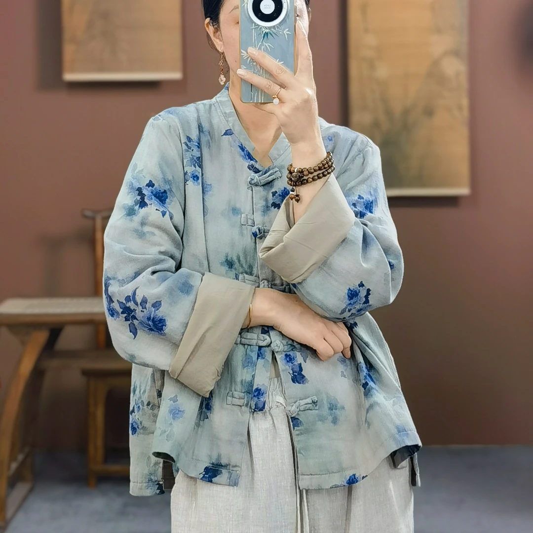 束心新中式秋冬新款复古立领单排盘扣长袖衬衫女印花双层薄外套女