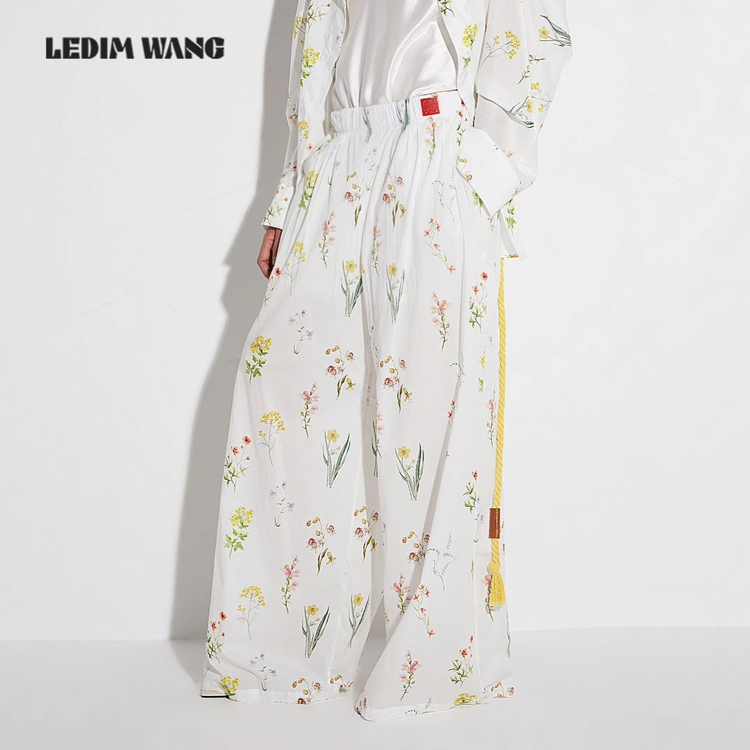 LEDIM WANG【白标系列】碎花褶子宽松阔腿裤2025新款女夏休闲裤