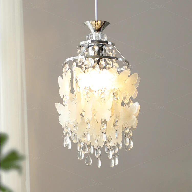 法式奶油风卧室床头小吊灯蝴蝶贝壳灯过道玄关水晶灯中古风灯具