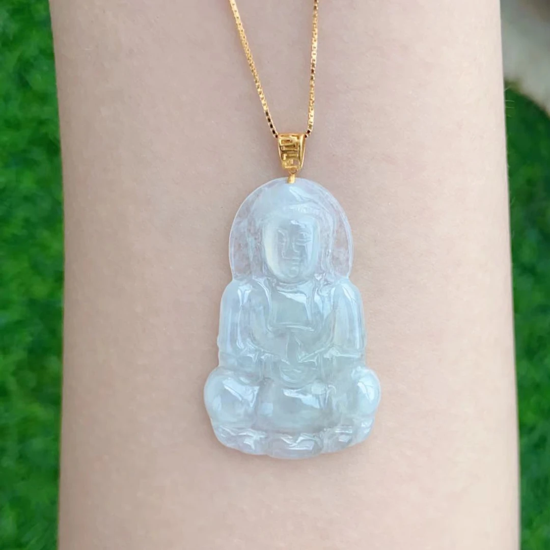 天然玉石缅甸A货翡翠18k金观音吊坠赠S925银链（多样性发一件）