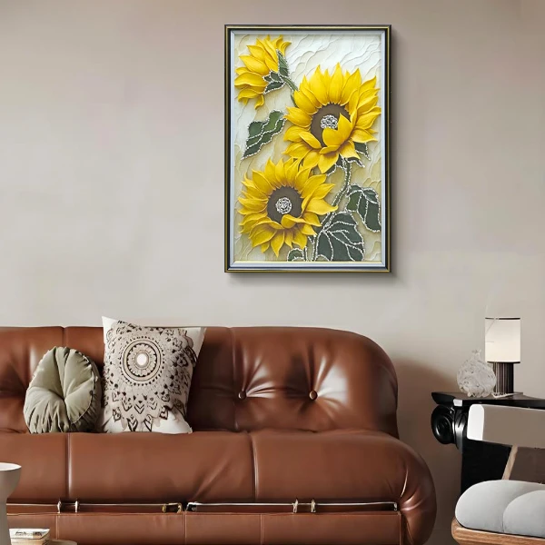 向日葵轻奢餐厅客厅装饰挂画钢化玻璃装裱立体实物挂画向日葵4060