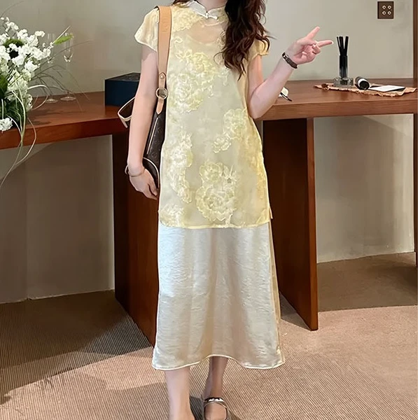 新中式国风盘扣刺绣花气质旗袍夏季中国风上衣连衣裙套装两件套