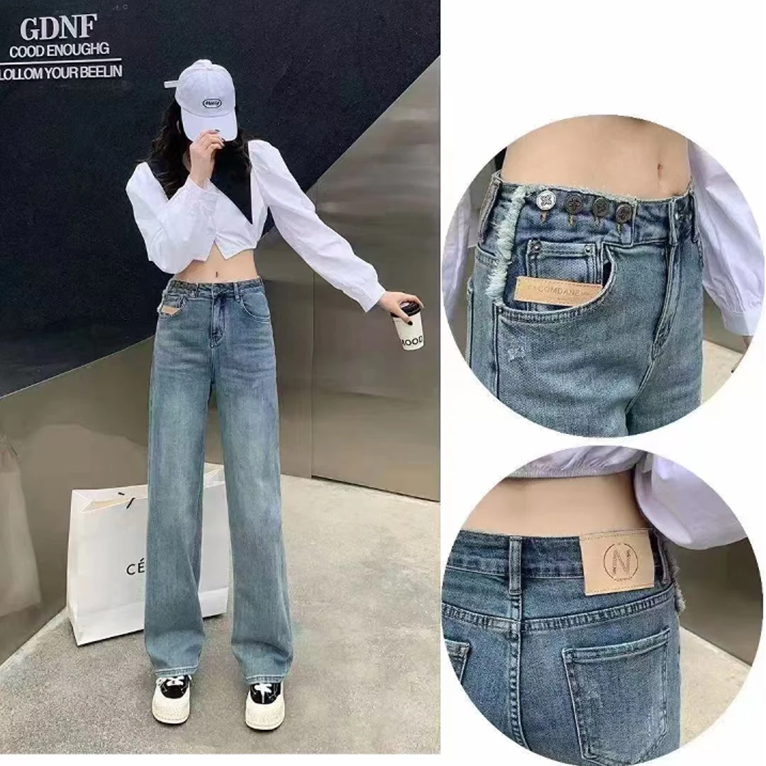 蓝色阔腿牛仔裤女春装2025新款小个子老钱风窄版显瘦直筒裤子