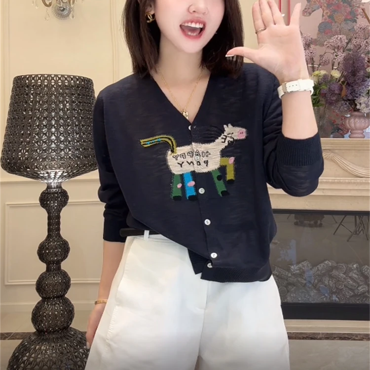 韩系V领长袖针织开衫女2025新款秋季设计感外搭防晒罩衫时尚外套