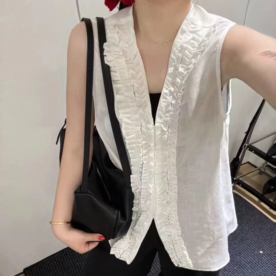 衬衫宽松系带无袖V领中长款常规针织木耳夏季休闲ins