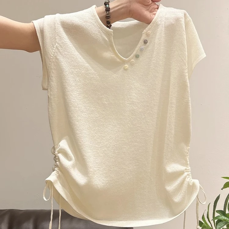 夏珍杏色V领短袖t恤女夏季新款薄款冰丝抽绳褶皱收腰显瘦短款上衣