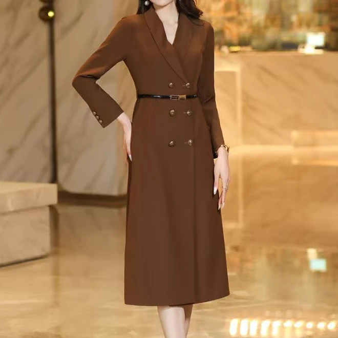 长袖风衣连衣裙女长款2025新款高级感显瘦长裙6108#