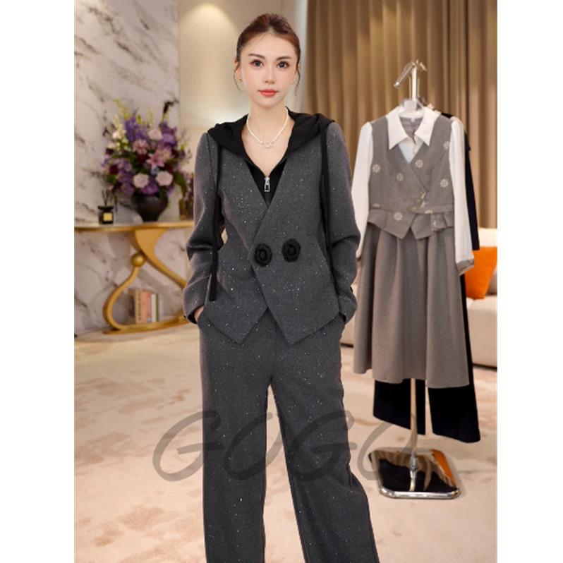 G9166休闲时尚套装女2025秋新款气质显瘦设计感上衣长裤两件套