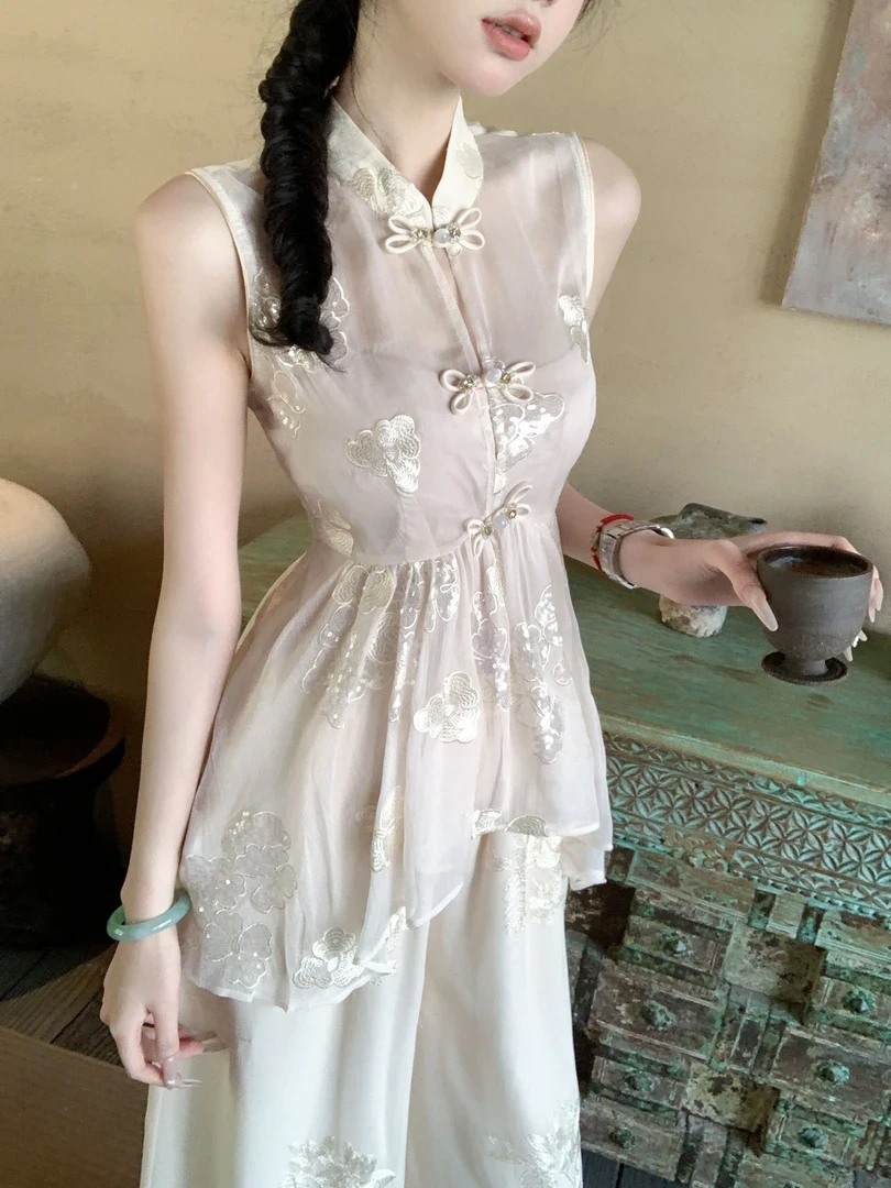 新中式无袖盘扣设计别致精美上衣+高腰显瘦阔腿裤子新款时尚女装