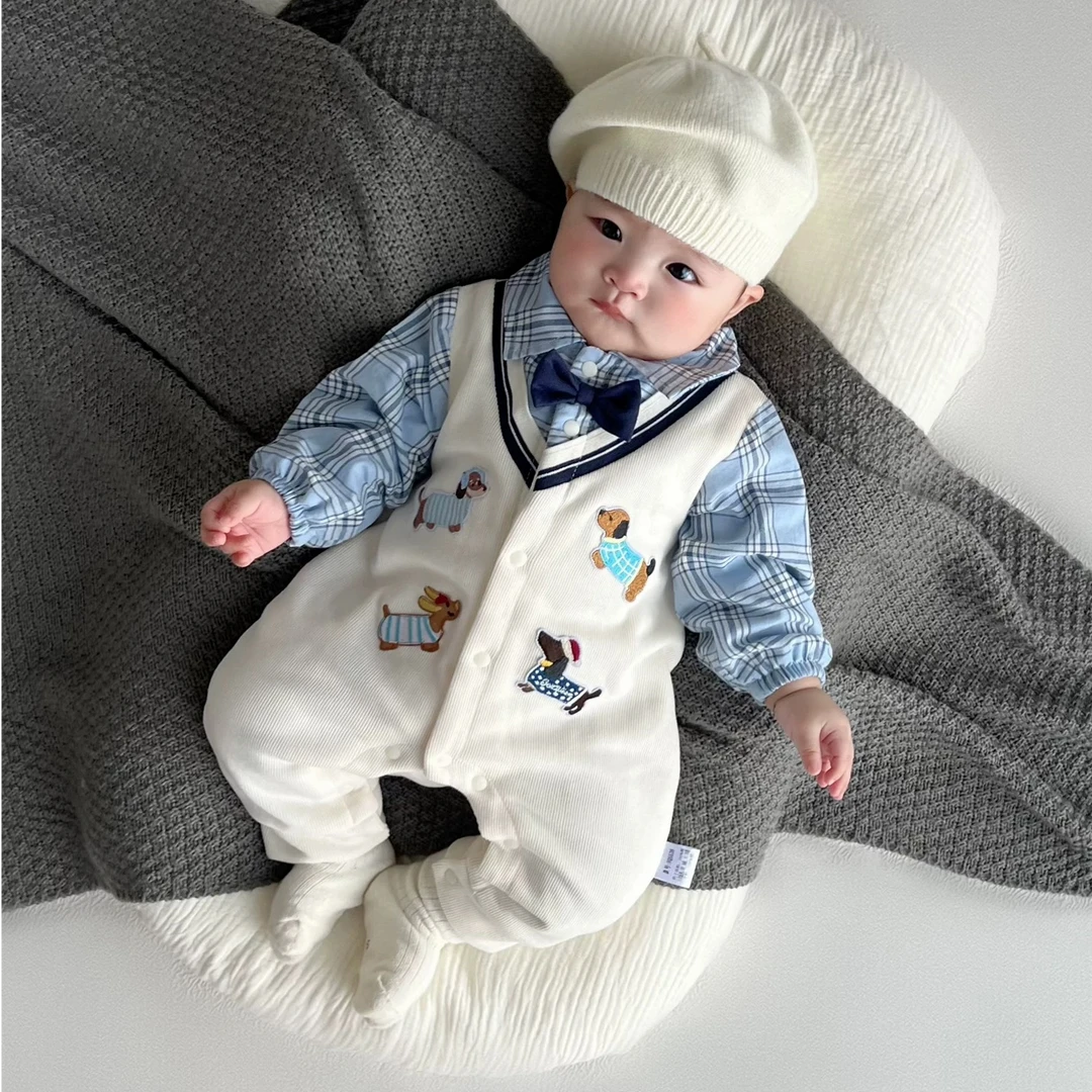 婴儿衣服秋装婴幼儿连体衣周岁礼服男宝宝绅士哈衣爬服春秋外出服