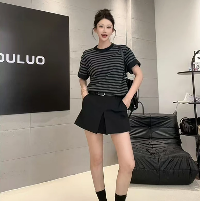 邦欧罗黑色西装半身裙女夏季高腰A字包臀裙子小个子气质半裙