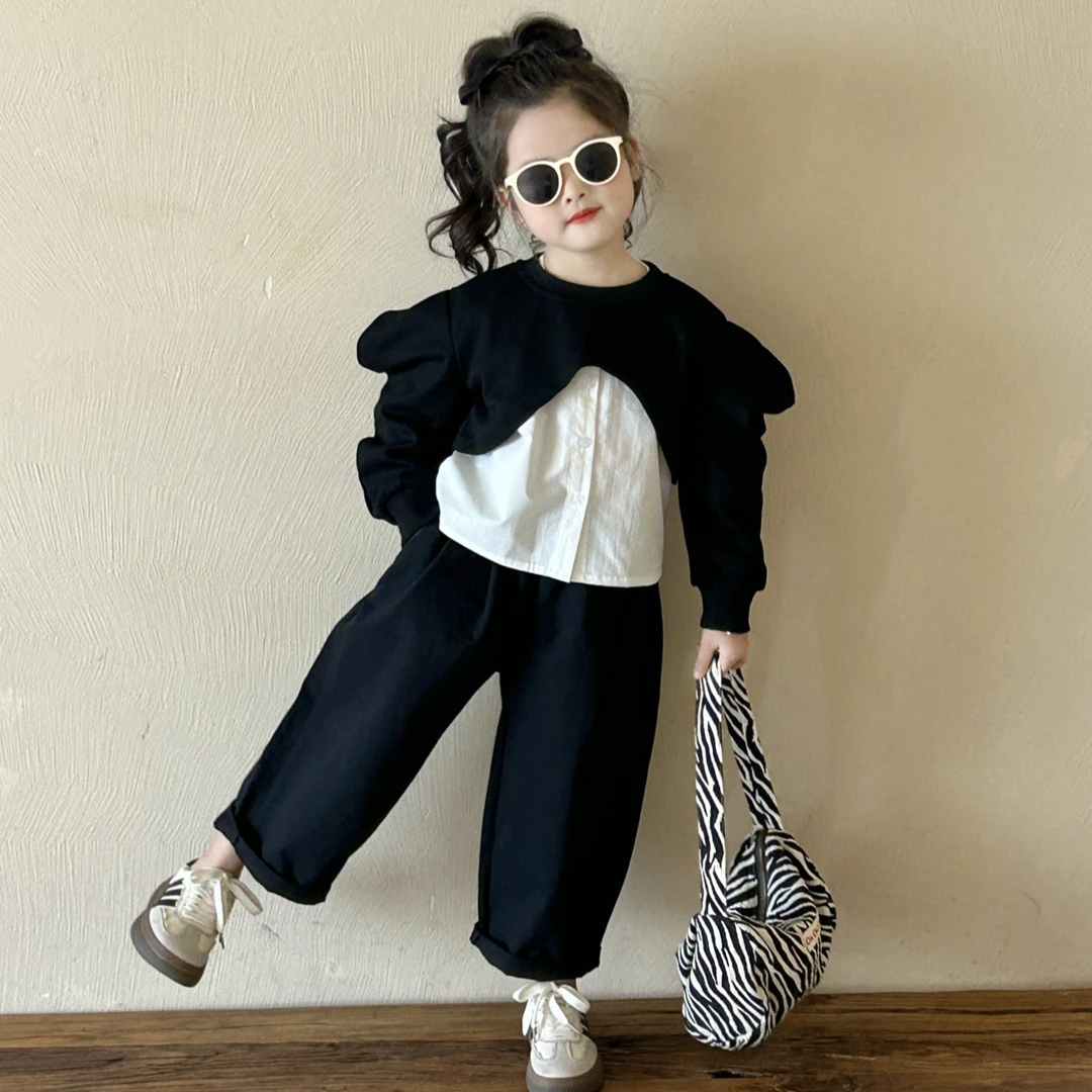 女童韩版上衣2025春秋新款套装中小童圆弧上衣白色衬衫黑色休闲裤