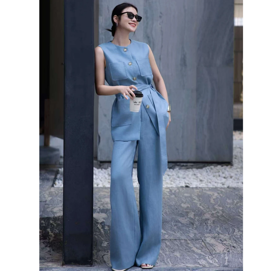 ZEROYK高级感时尚套装2025夏季纯亚麻系带收腰马甲阔腿裤两件套