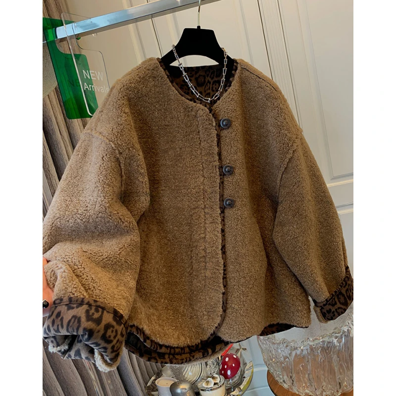 P692独特超好看豹纹毛茸茸皮毛一体外套宽松保暖大衣女冬装新款