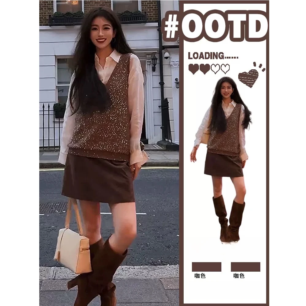 【现货】早秋无袖气质短款冬季毛针织衫背心衬衫套装女X11133