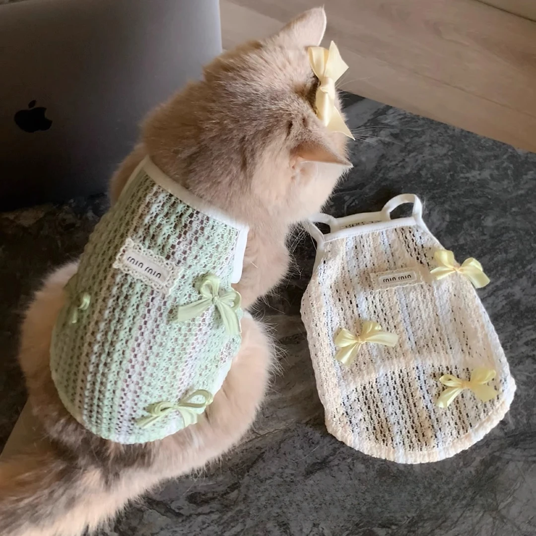夏季新款薄款蝴蝶结镂空蕾丝猫咪小狗狗小背心吊带宠物衣服装透气