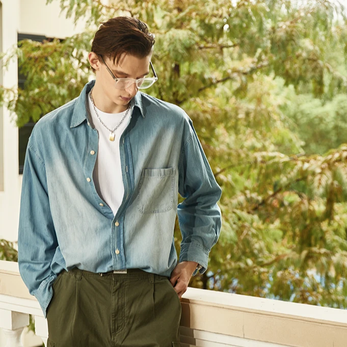 特叔【牛仔】余文乐同款水洗牛仔衬衫