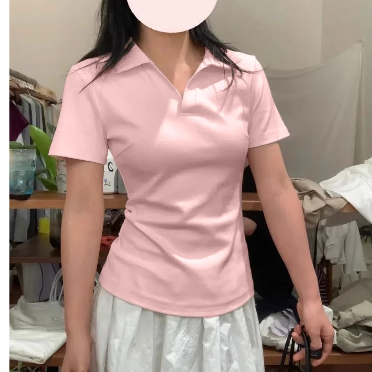 正肩polo衫翻领短袖T恤女款夏季穿搭2025新款收腰显瘦小个子上衣