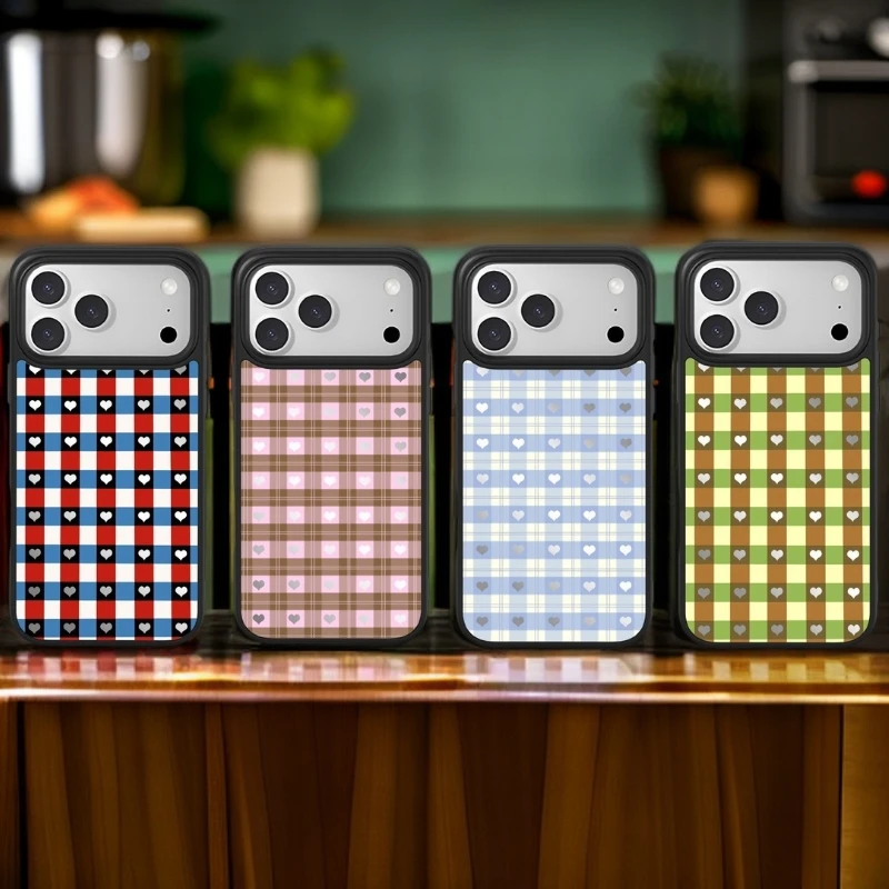 秋冬复古格纹爱心系列适用苹果17promax-13磨砂防滑磁吸手机壳