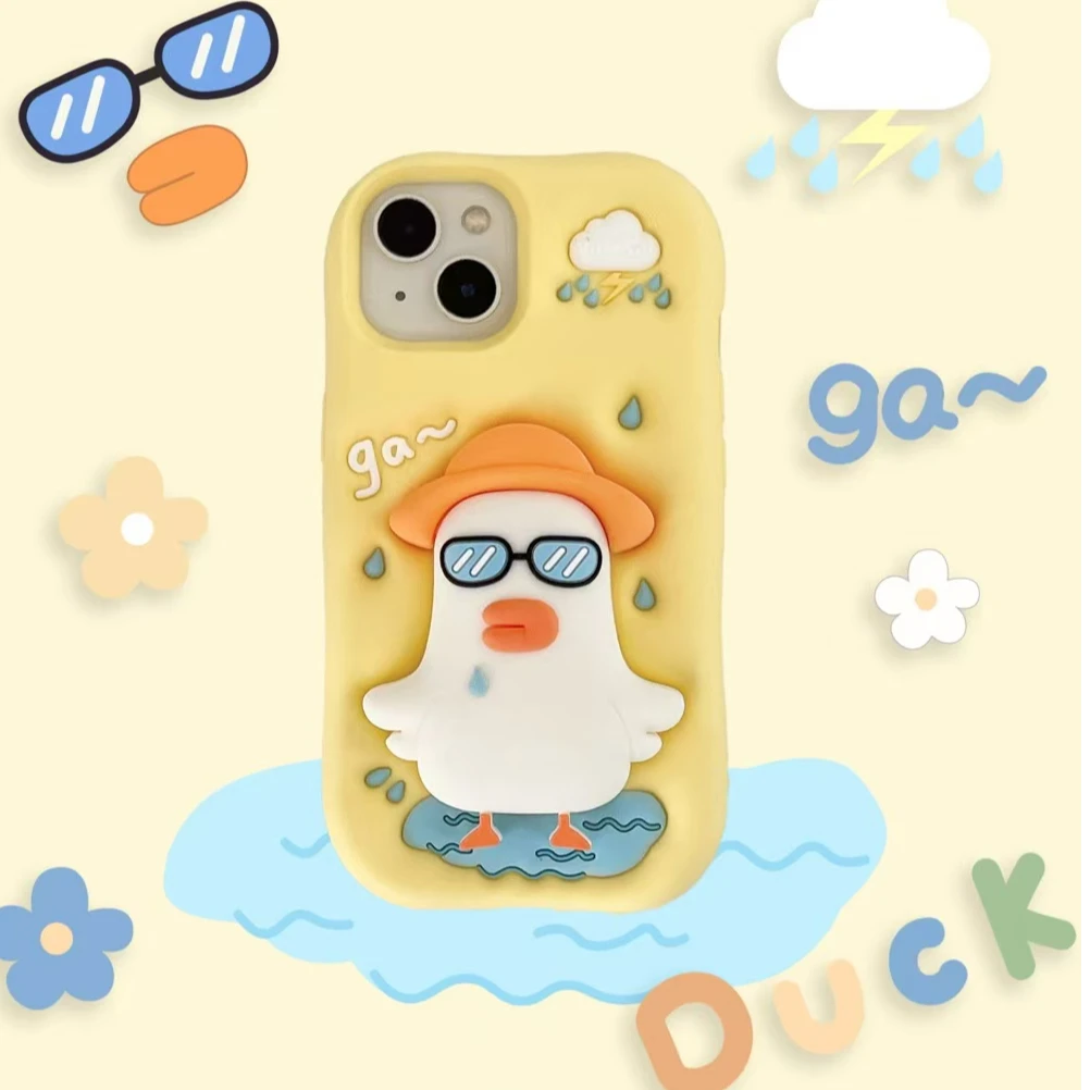 苹果|墨镜草帽鸭子支架可爱适用iPhone16卡通解压15pro硅胶手机壳