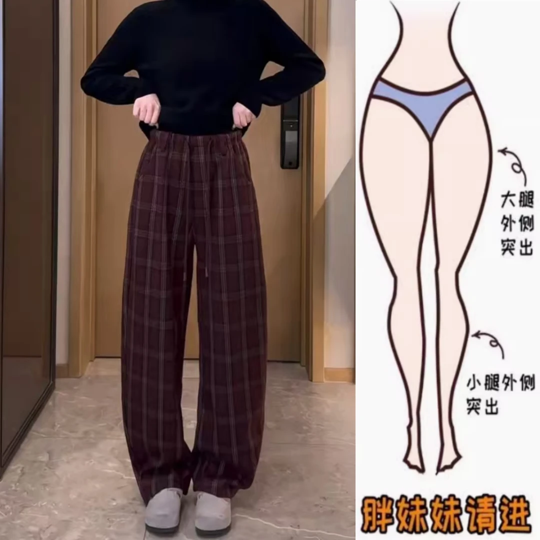 景倩妮今年流行复古格纹休闲裤2024年冬季厚款梨形高腰显瘦阔腿裤