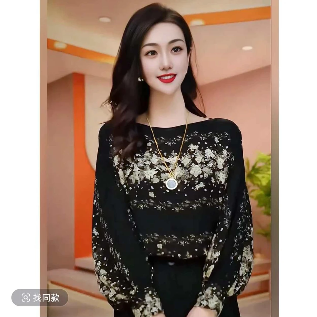 1098#衣长58洋气印花时尚圆领长袖T恤秋新款宽松遮肉显瘦内搭上衣