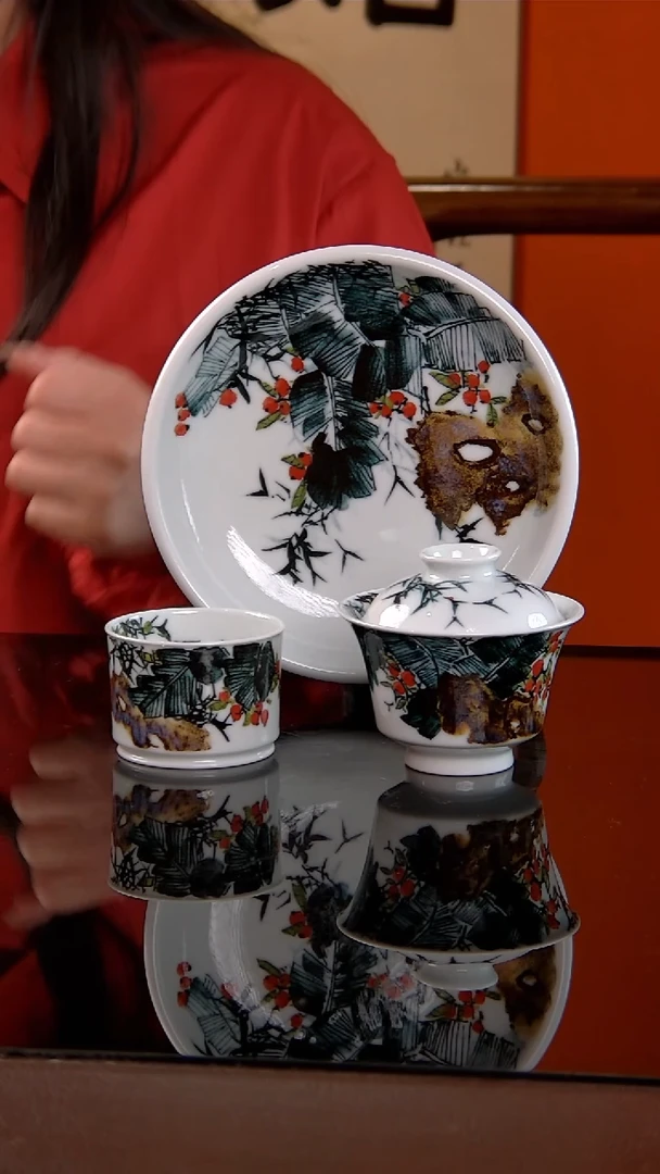 李华手绘釉中五彩竹石芭蕉茶器小套组