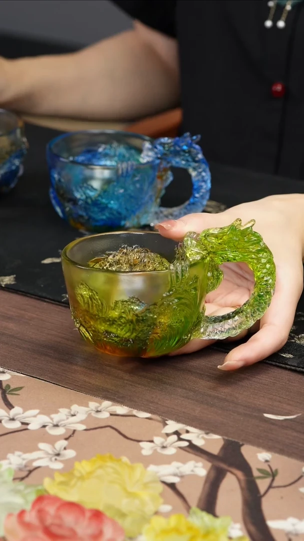 琉璃手工艺品绿色龙杯