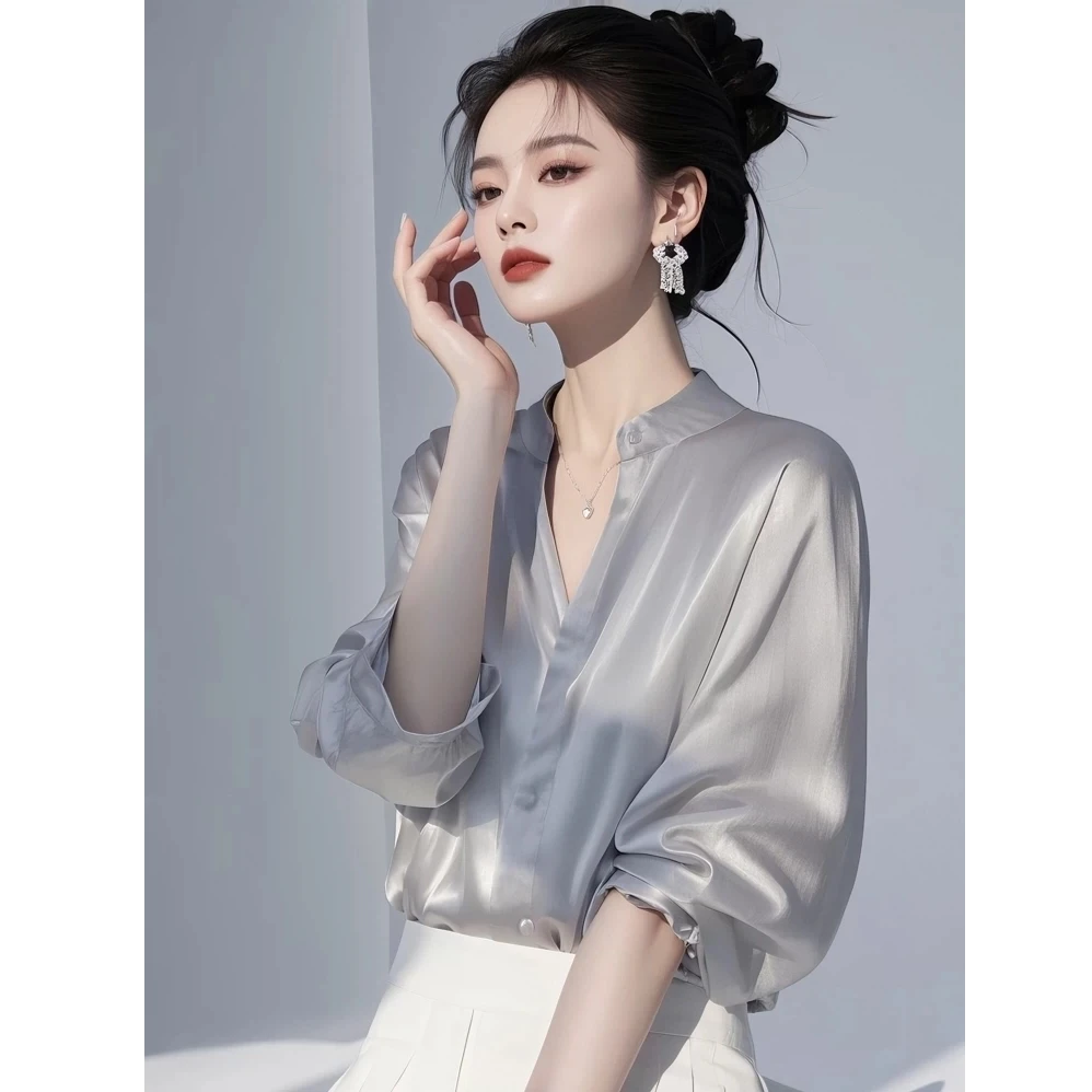 高级感轻奢减龄v领衬衫女2025春秋新款法式洋气小众气质长袖上衣