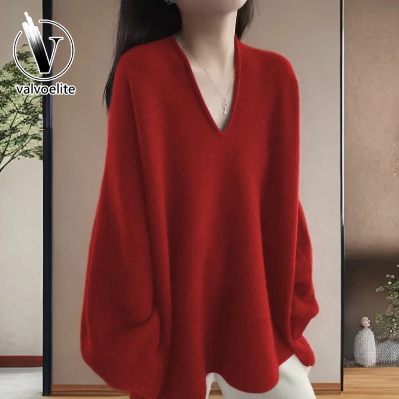 VALVOELITE复古圣诞新年红色针织衫2024秋冬季慵懒打底毛衣上衣女