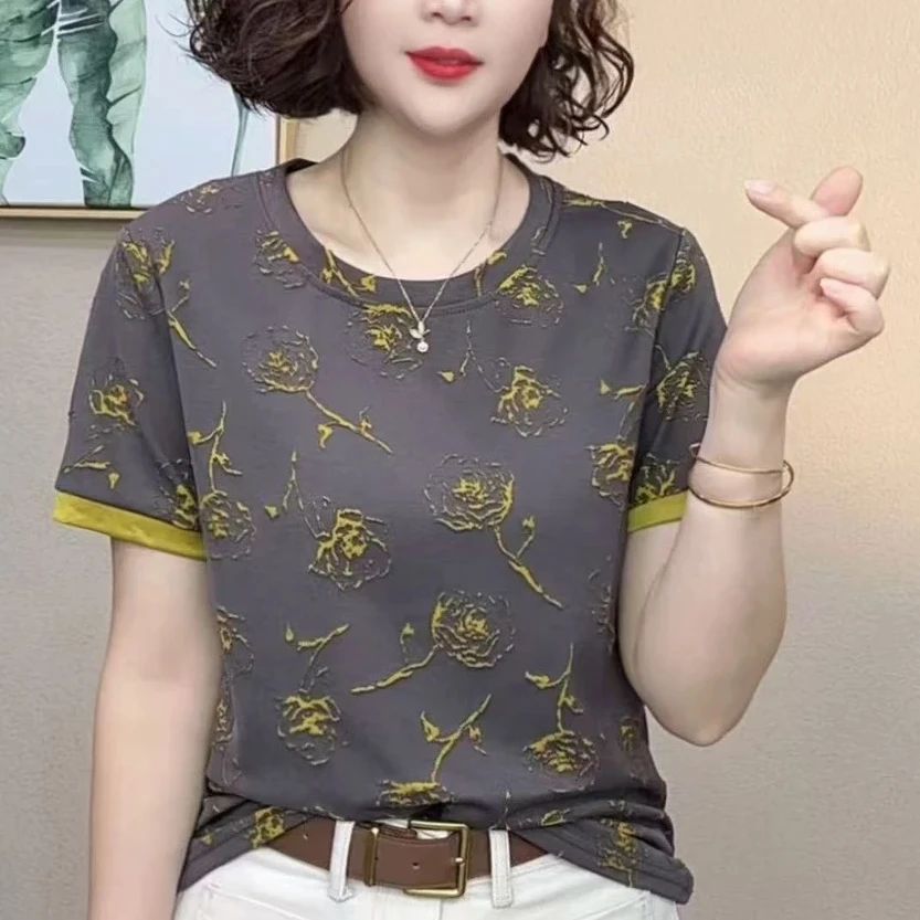 2025新款短袖T恤圆领减龄休闲洋气百搭上衣减龄妈妈装大码小衫