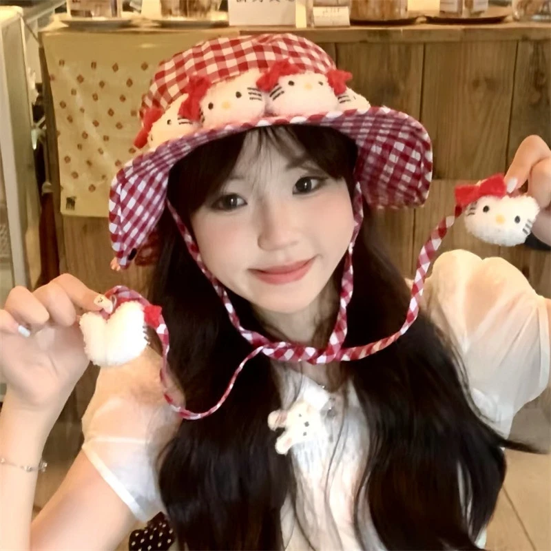 网红帽子装饰拍照helloKitty红格子渔夫帽防晒甜妹夏日遮阳y2k