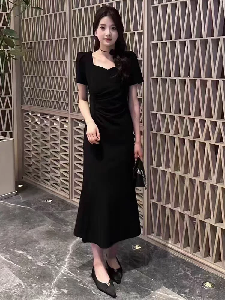 赫本风长裙夏季黑色开叉连衣裙法式长款连衣裙性感名媛小黑裙