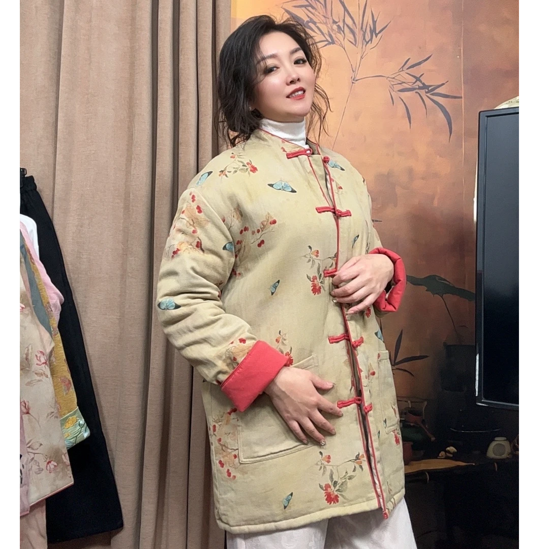 【蝶恋花】国风冬季新款复古百搭名族风文艺范中长款棉麻保暖棉服