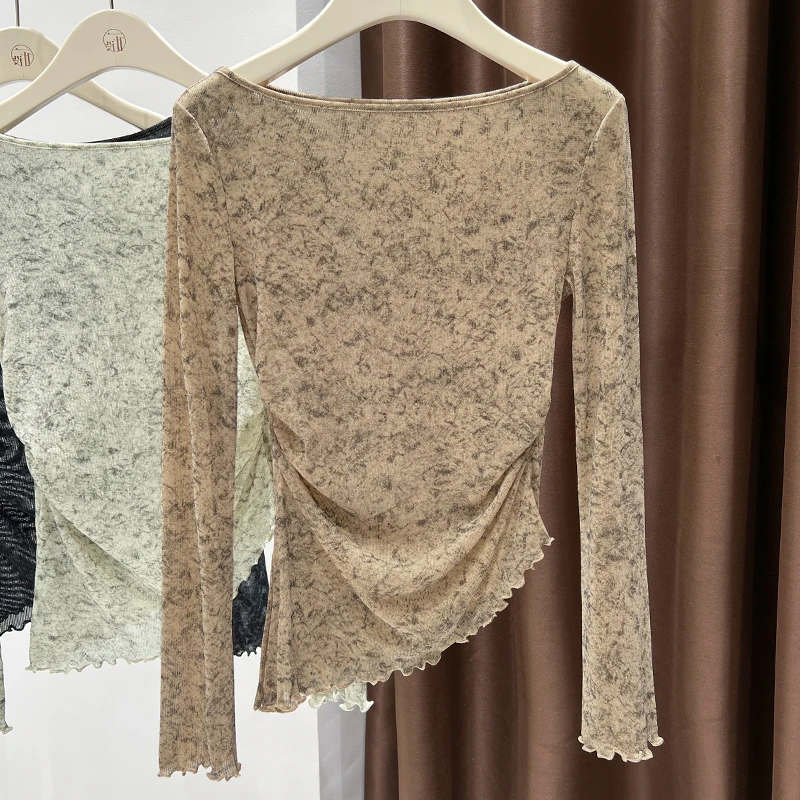 纯欲银丝薄透网纱打底衫秋季新款扎染一字领下摆斜边长袖T恤上衣